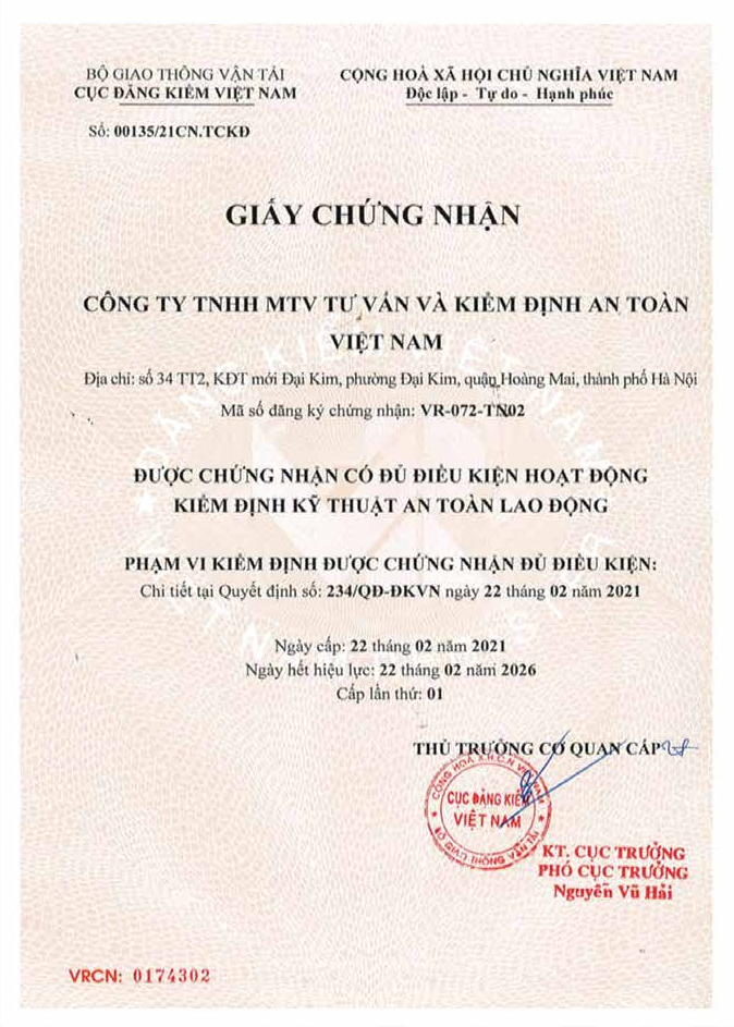 Giấy chứng nhận Kiểm định an toàn lao động - Bộ Giao thông Vận tải